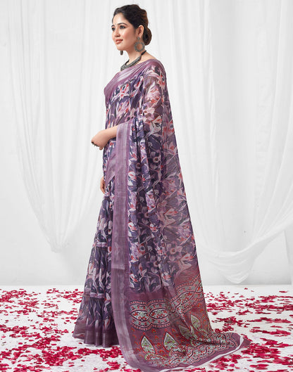 Lavender Purple Printed Linen Saree