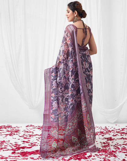 Lavender Purple Printed Linen Saree