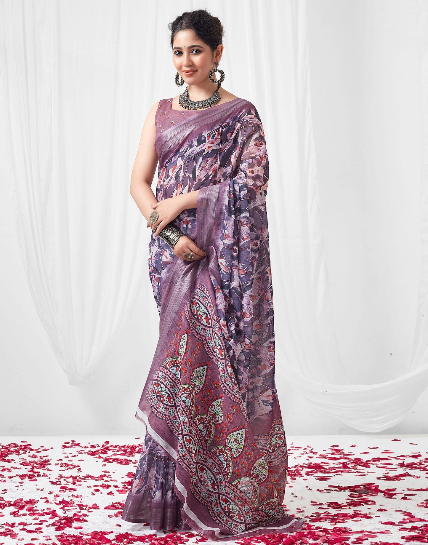 Lavender Purple Printed Linen Saree