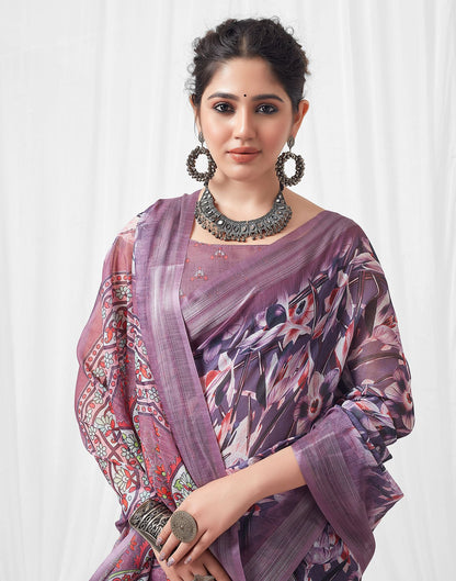 Lavender Purple Printed Linen Saree