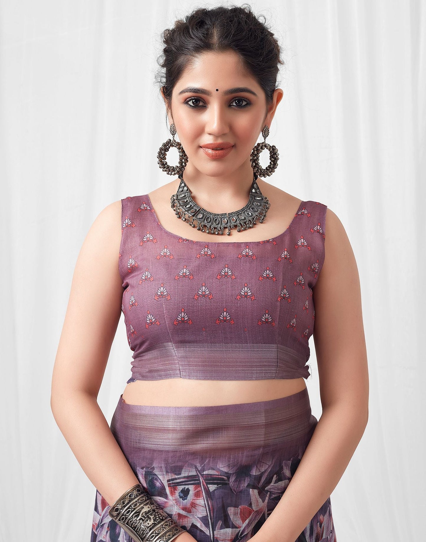 Lavender Purple Printed Linen Saree