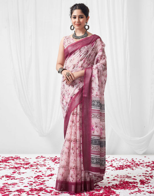 Light Pink (Peach) Printed Linen Saree