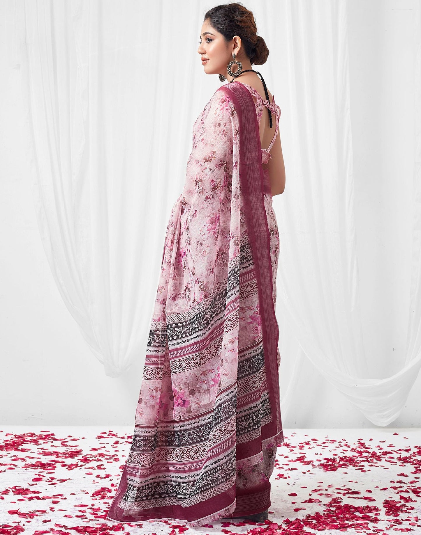 Light Pink (Peach) Printed Linen Saree