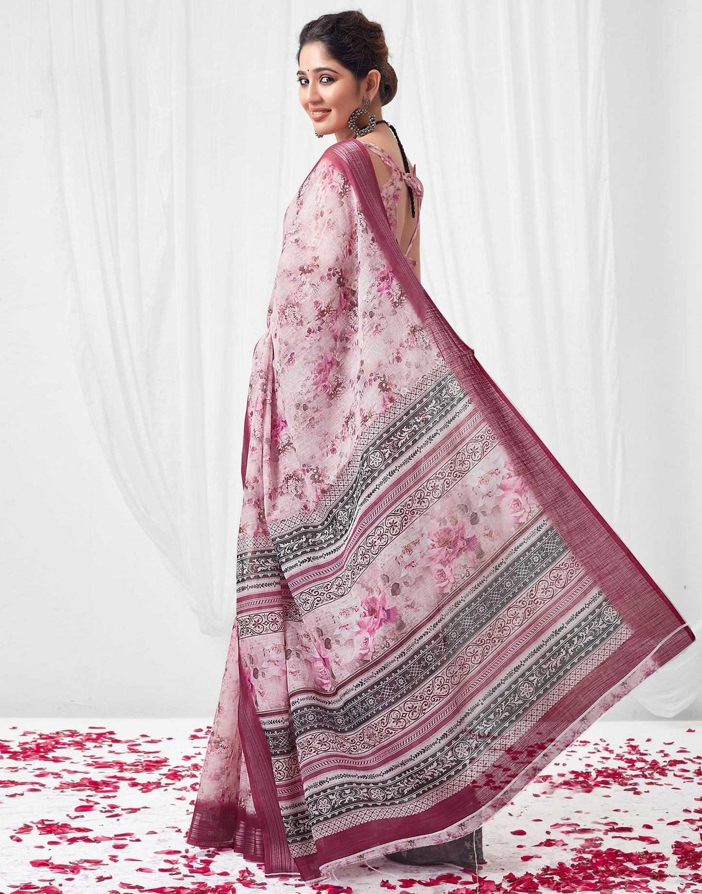 Light Pink (Peach) Printed Linen Saree