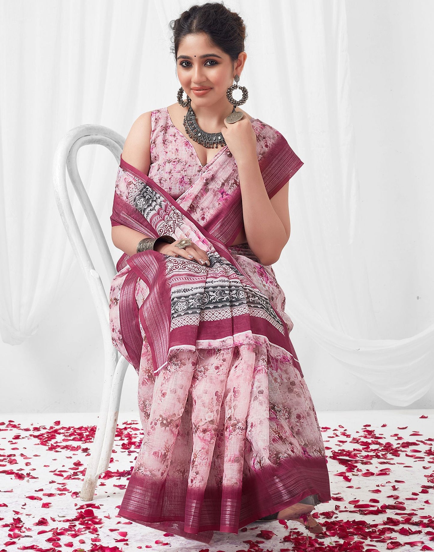 Light Pink (Peach) Printed Linen Saree