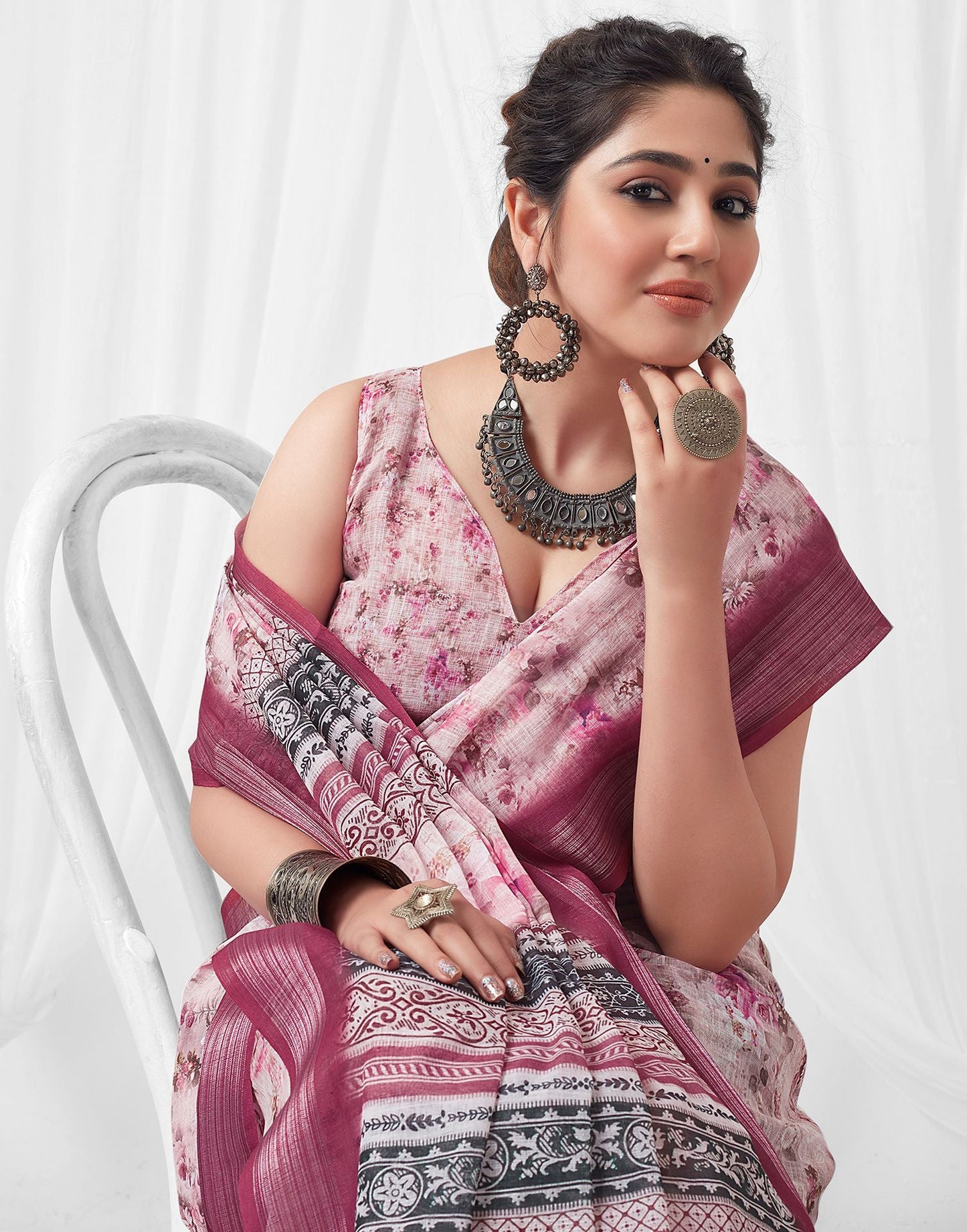 Light Pink (Peach) Printed Linen Saree