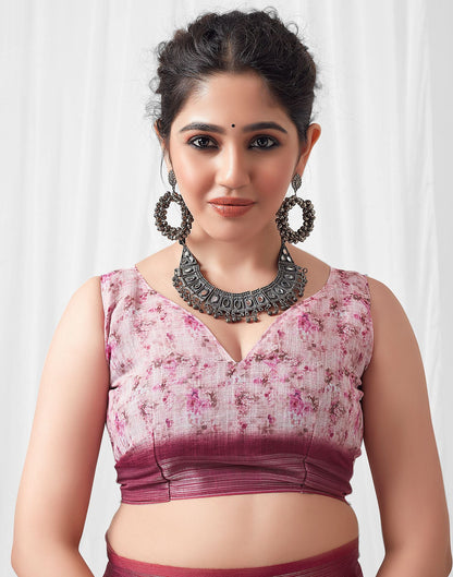 Light Pink (Peach) Printed Linen Saree