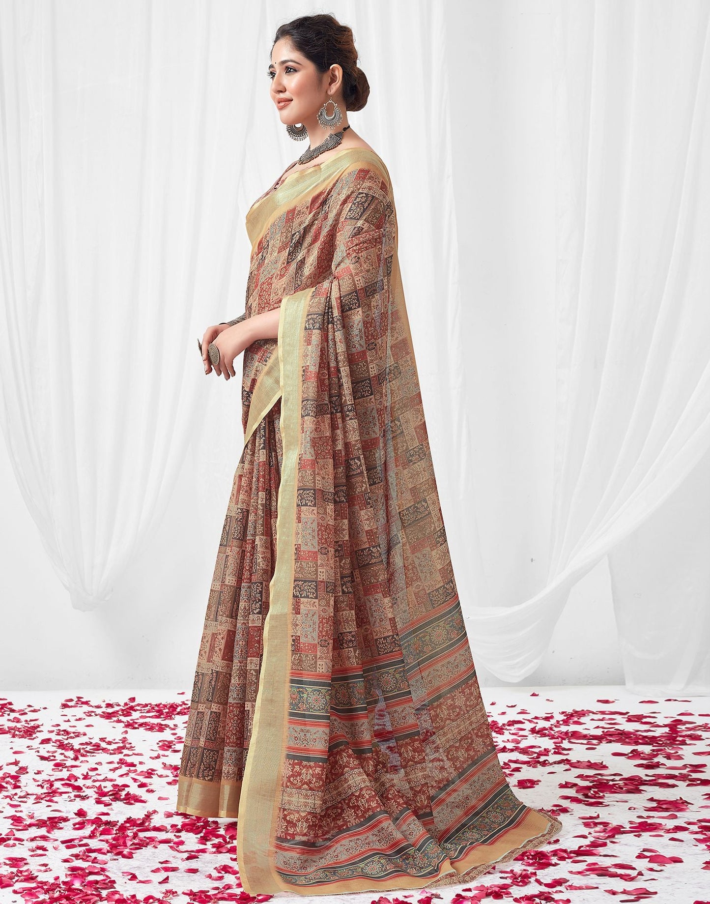 Multicoloured Printed Linen Saree