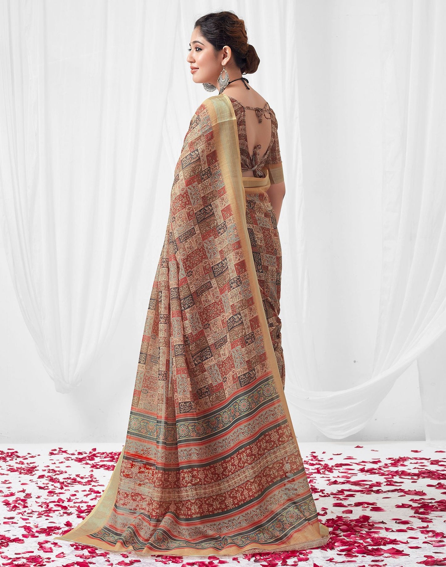 Multicoloured Printed Linen Saree