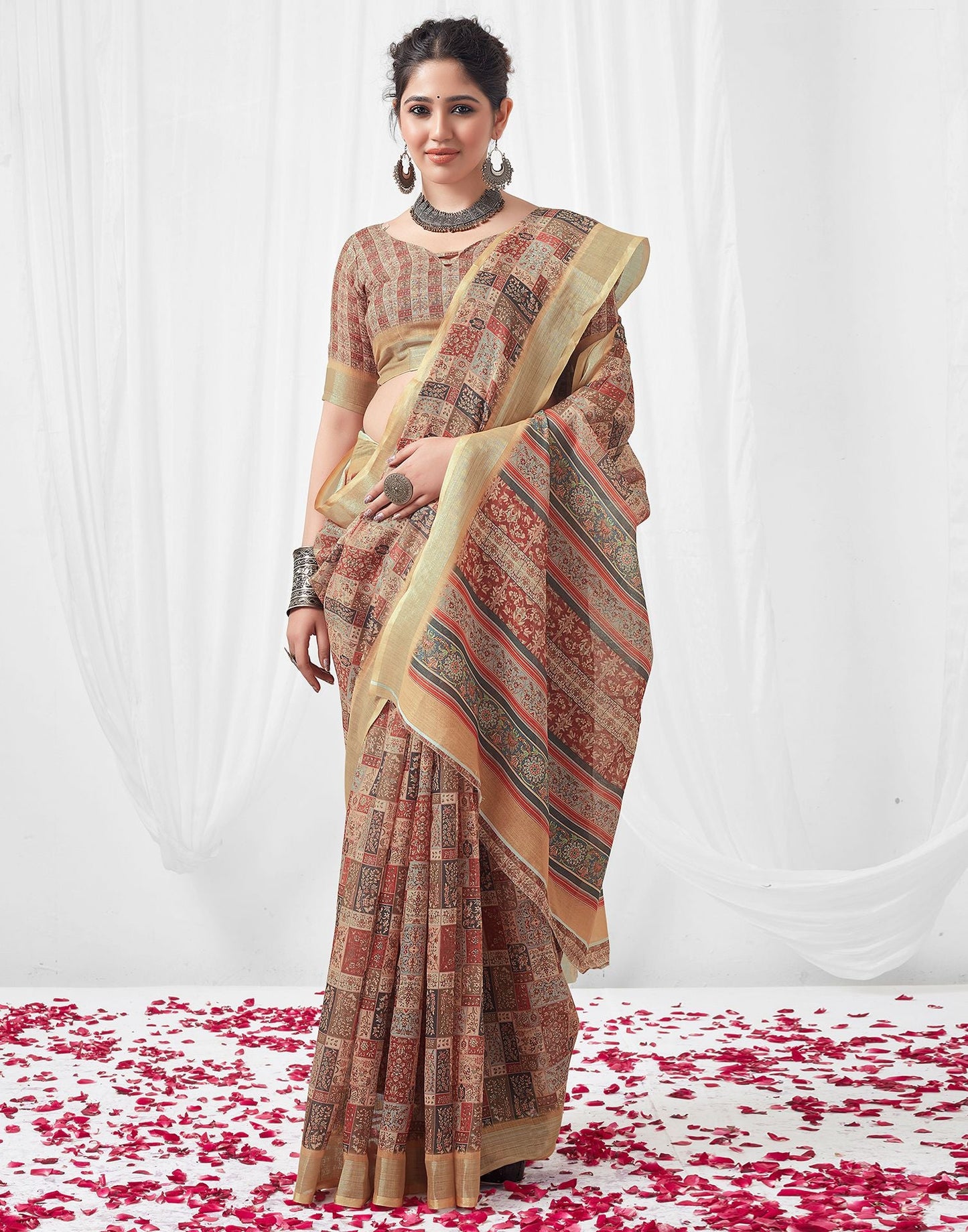 Multicoloured Printed Linen Saree