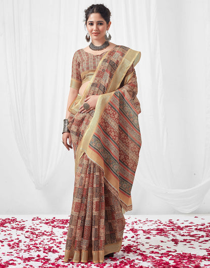 Multicoloured Printed Linen Saree