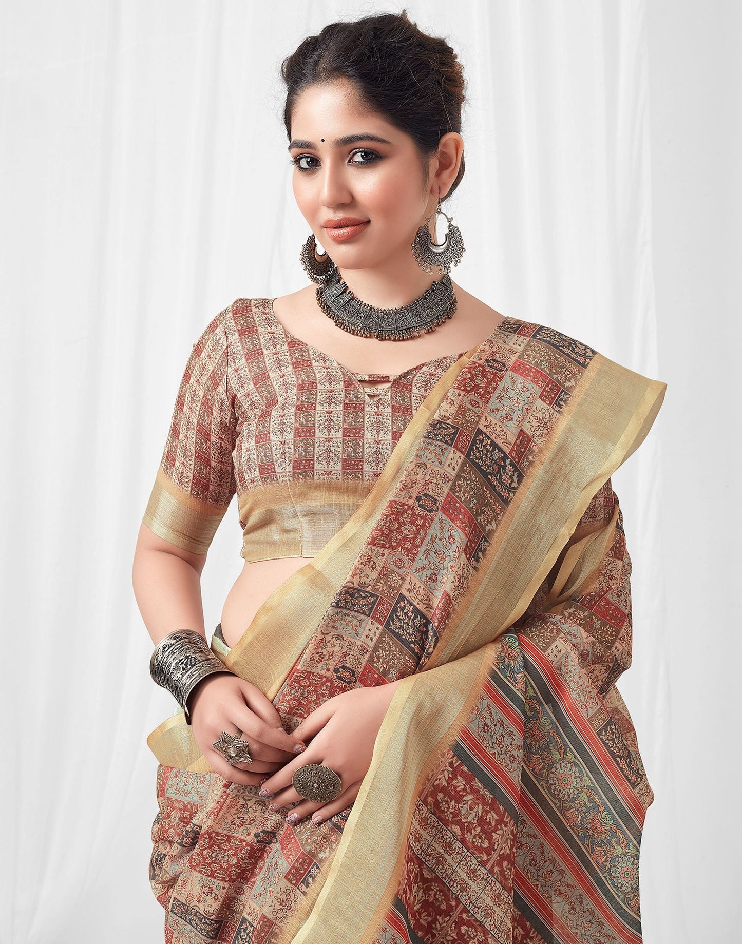 Multicoloured Printed Linen Saree