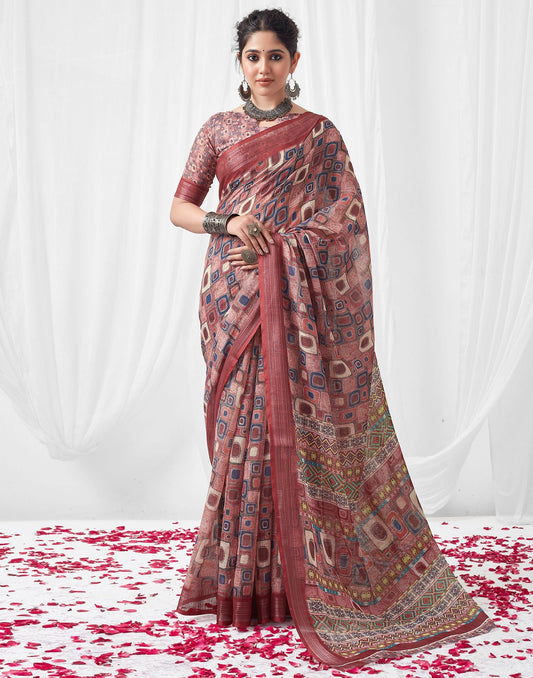 Multicoloured Printed Linen Saree