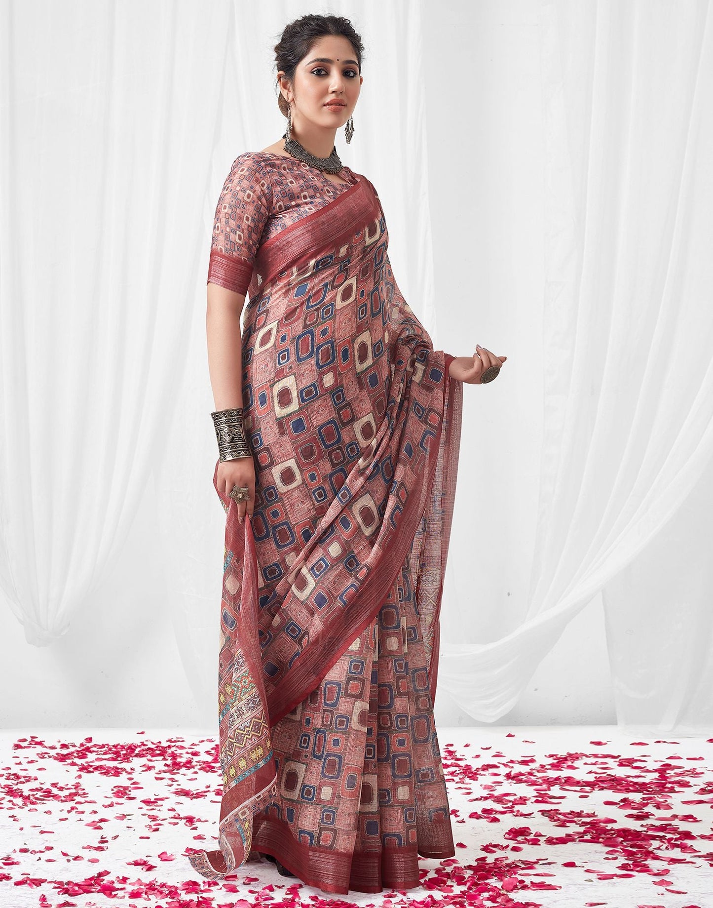 Multicoloured Printed Linen Saree