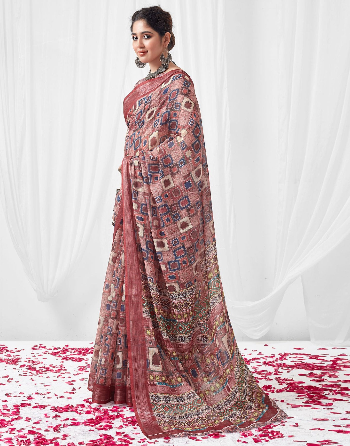 Multicoloured Printed Linen Saree
