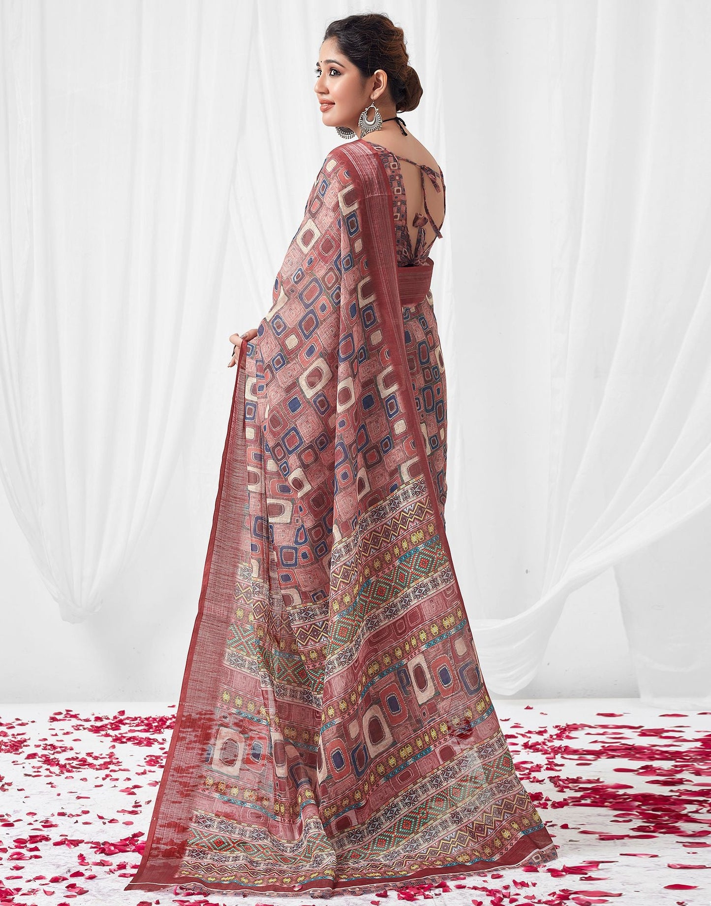 Multicoloured Printed Linen Saree