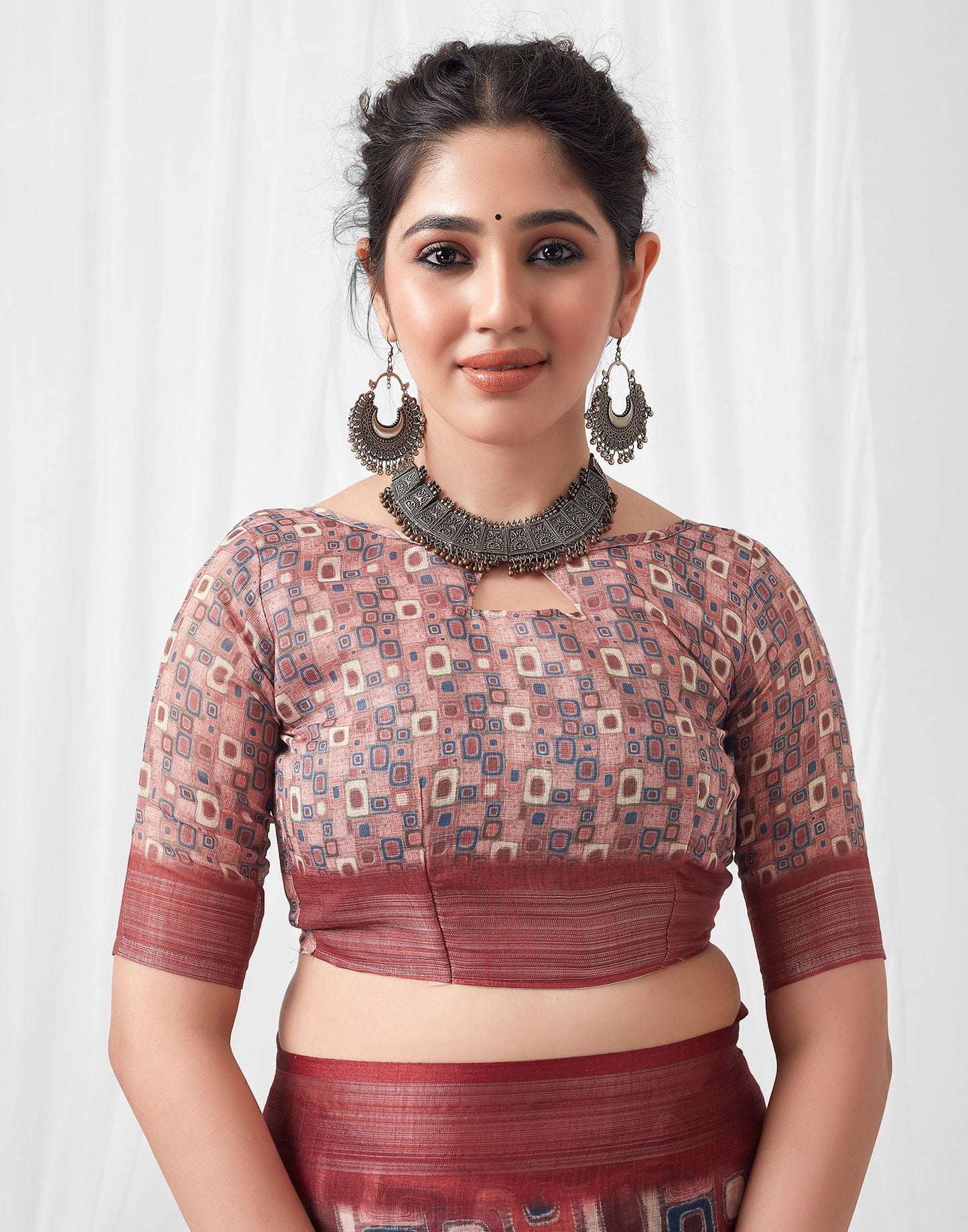 Multicoloured Printed Linen Saree