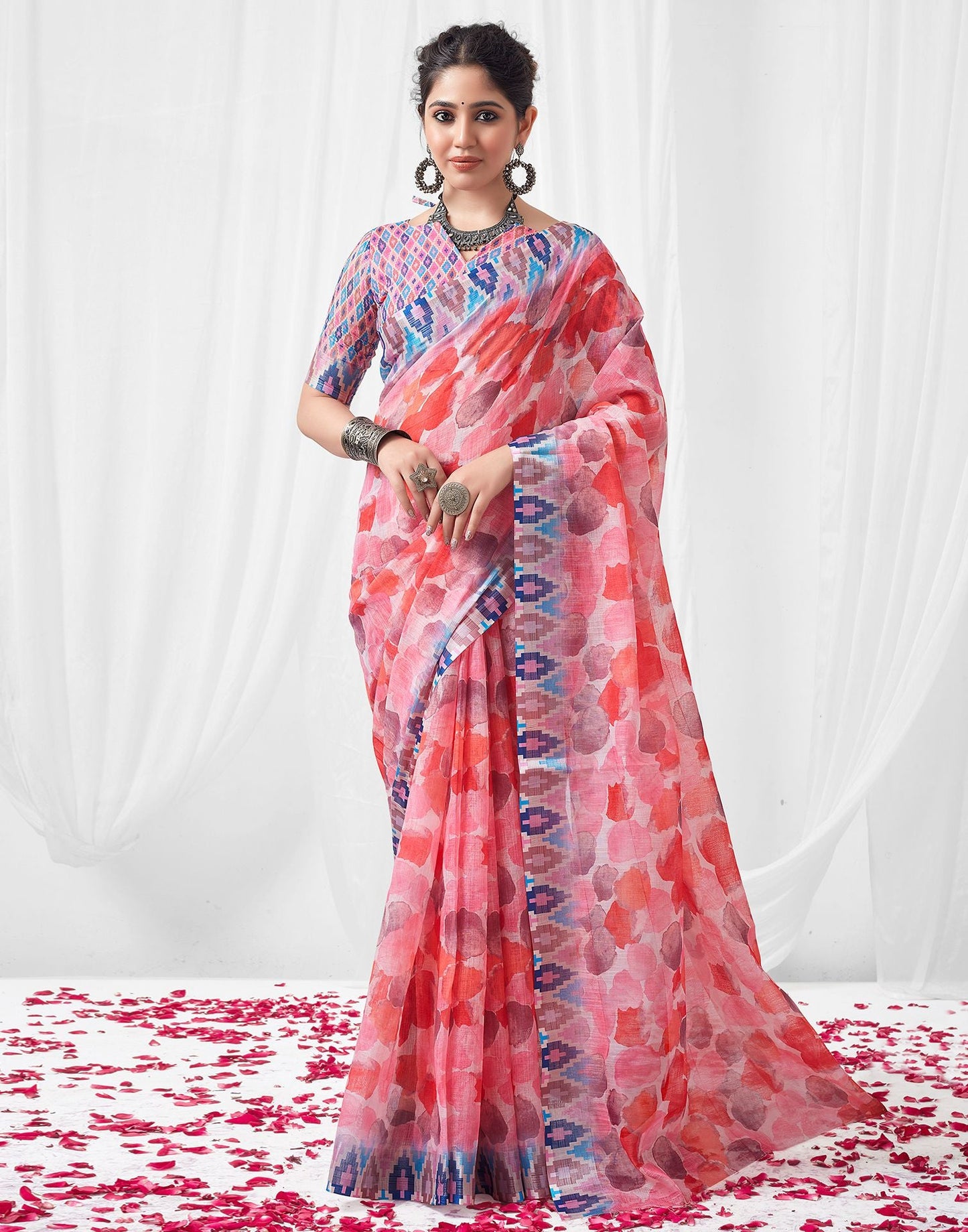 Pink Printed Linen Saree