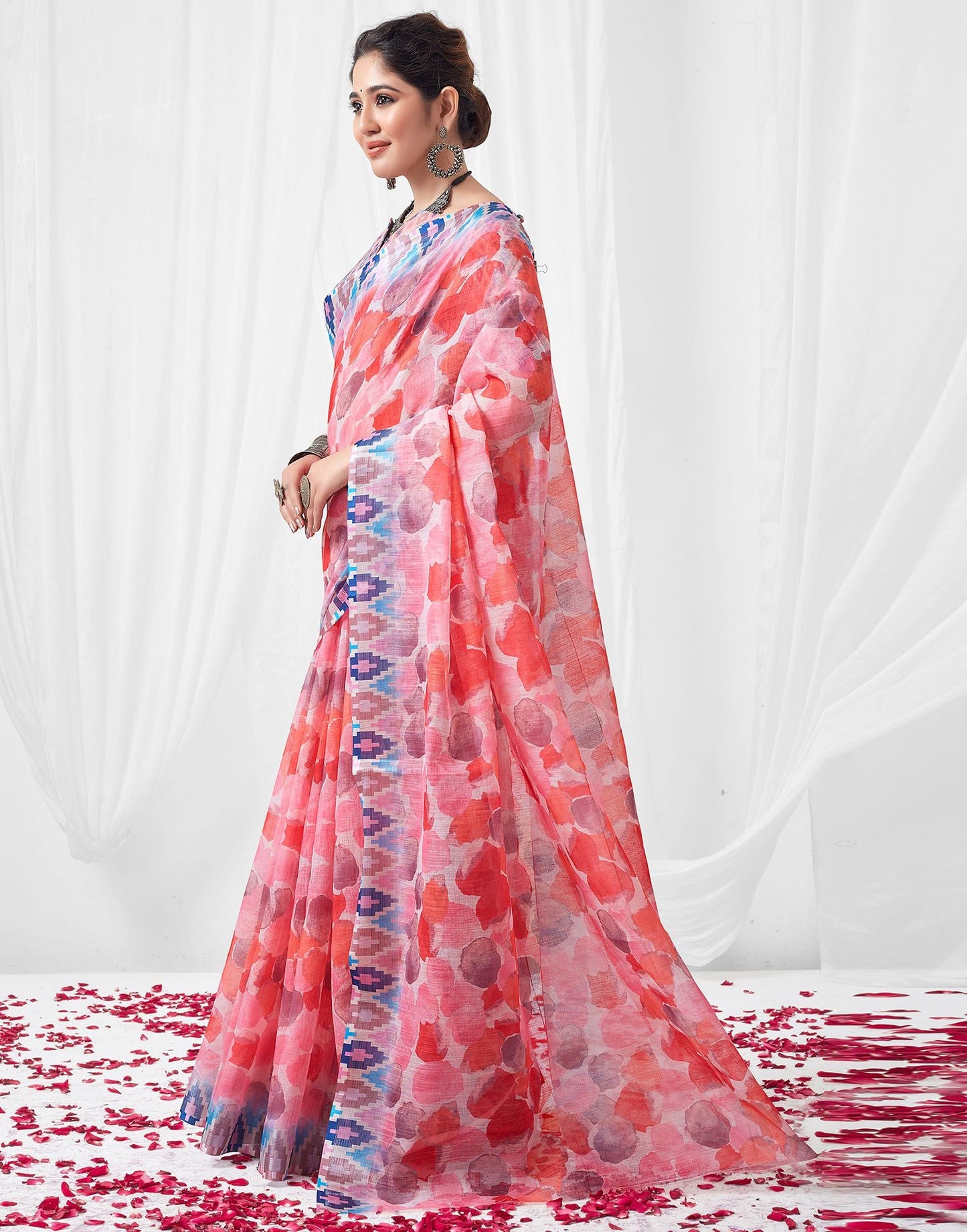 Pink Printed Linen Saree
