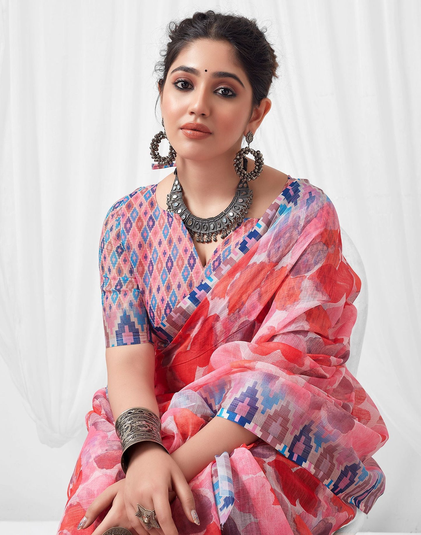 Pink Printed Linen Saree