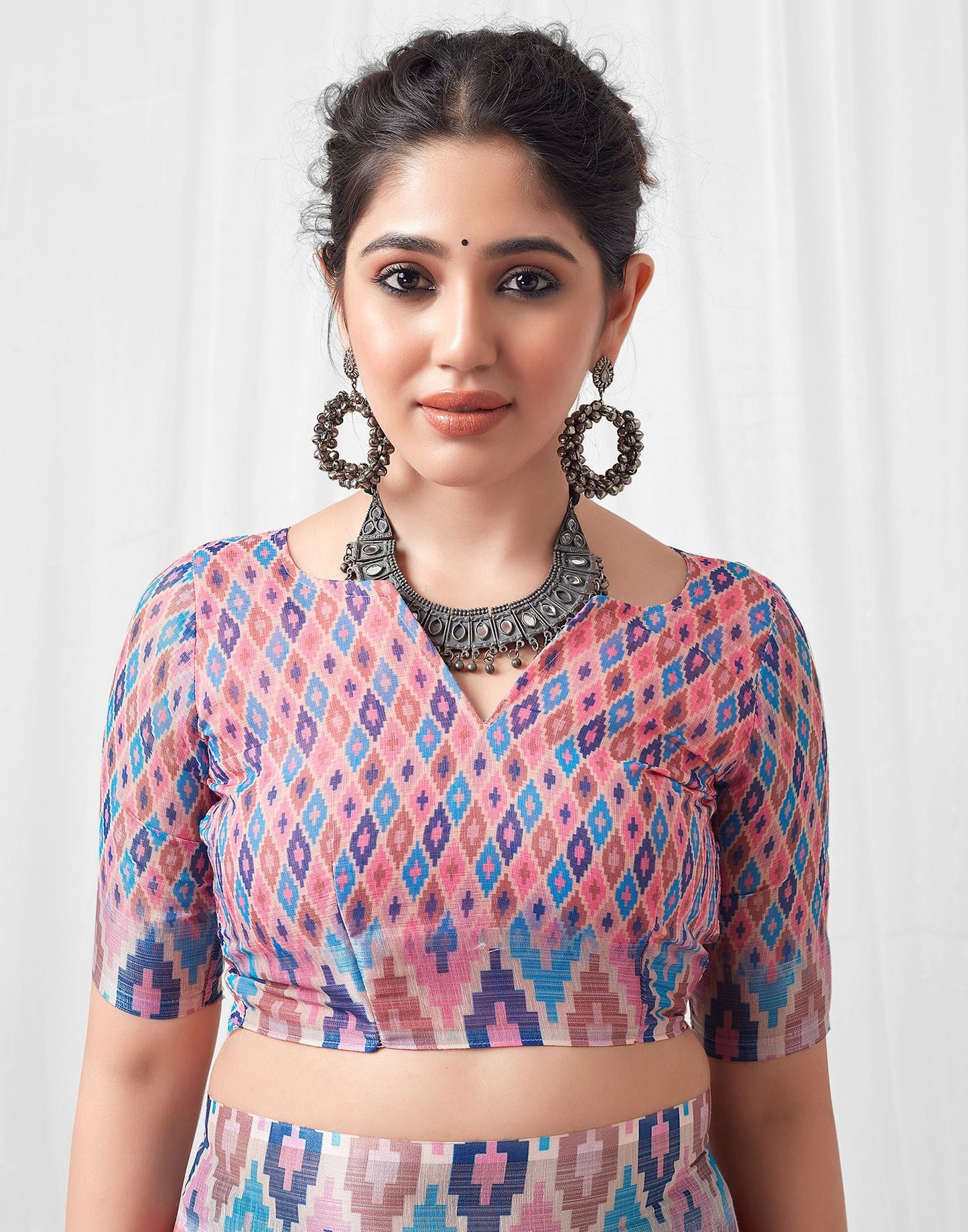 Pink Printed Linen Saree