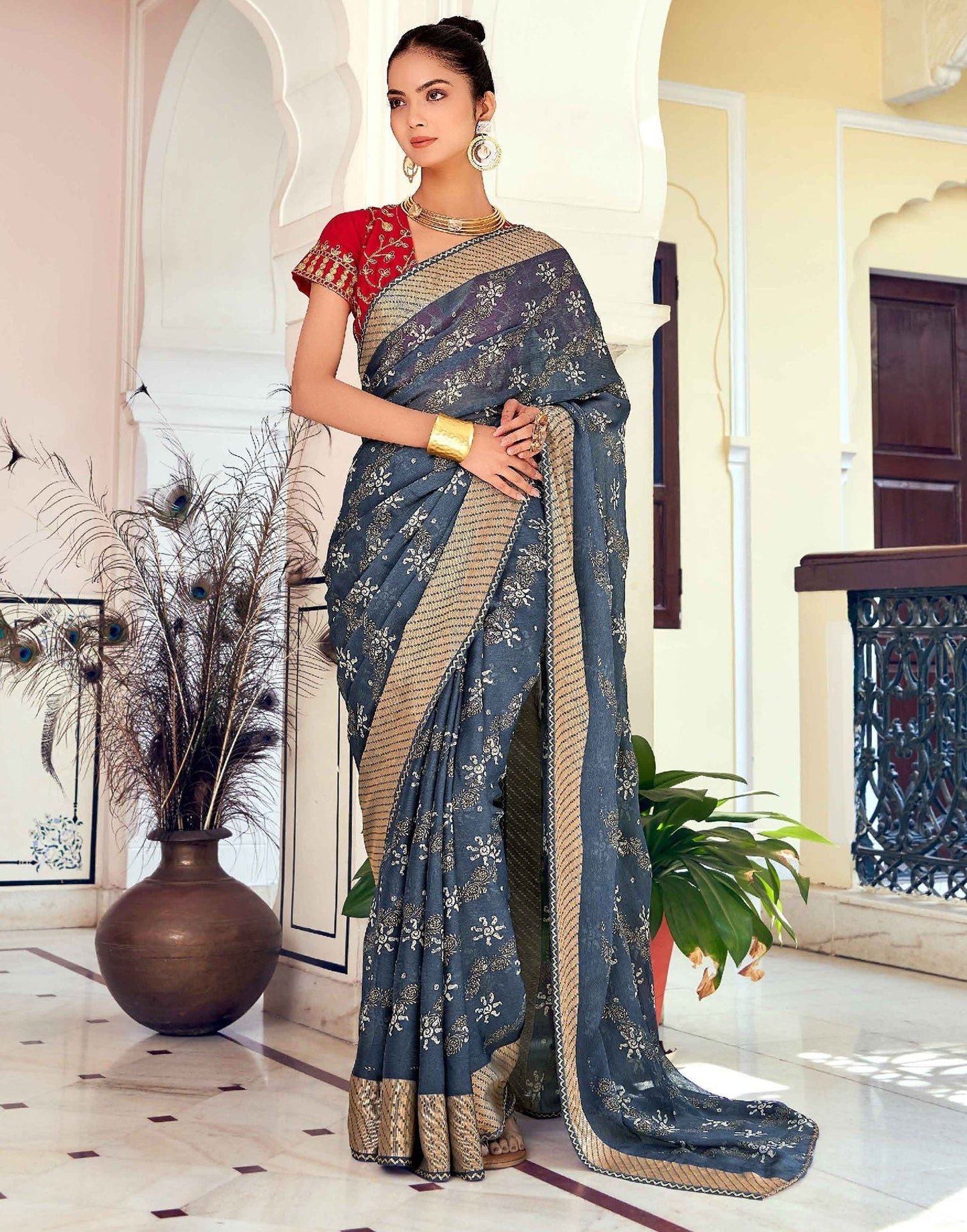 Dull Blue Printed Georgette Saree