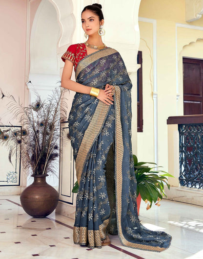 Dull Blue Printed Georgette Saree