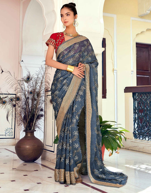 Dull Blue Printed Georgette Saree