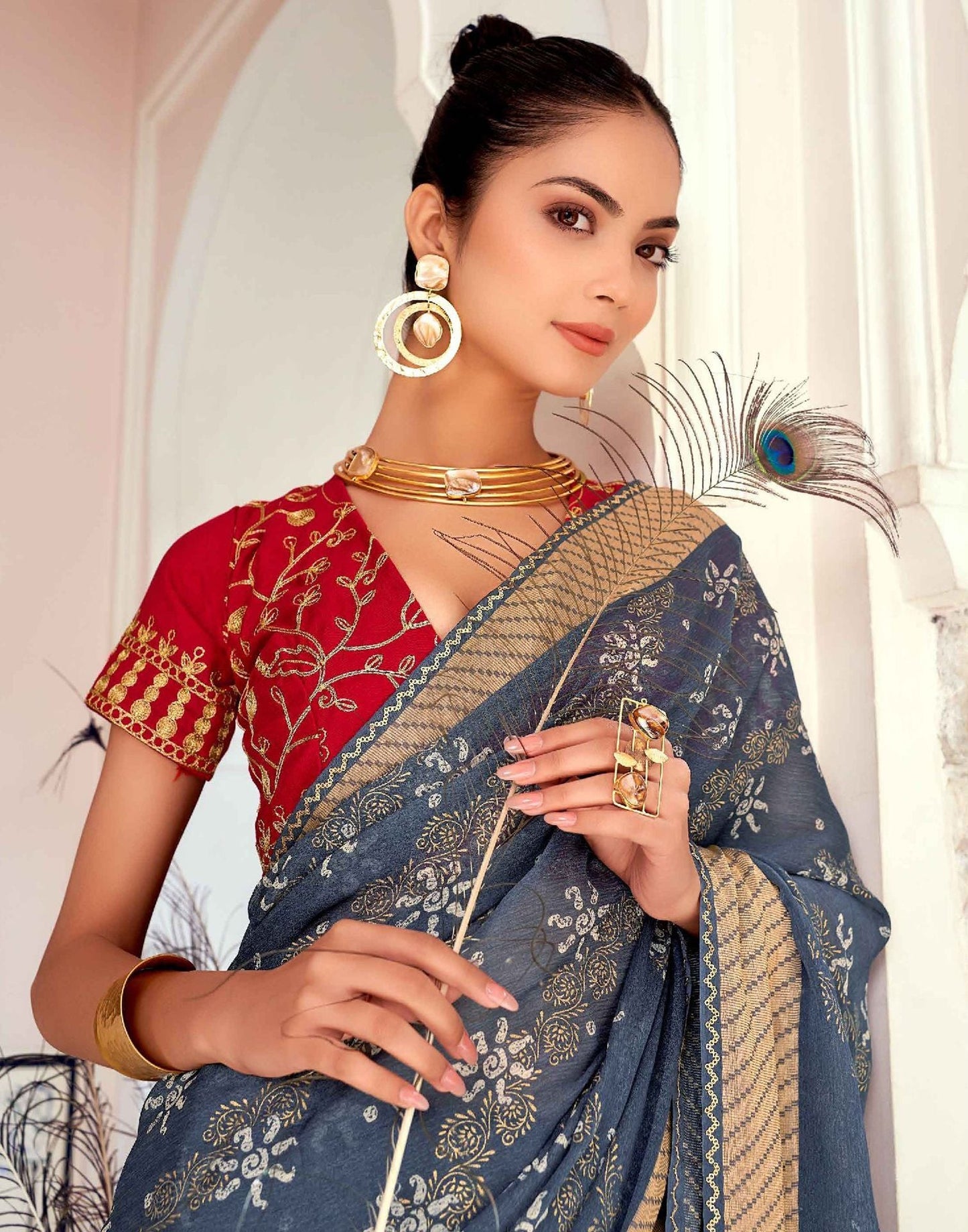 Dull Blue Printed Georgette Saree