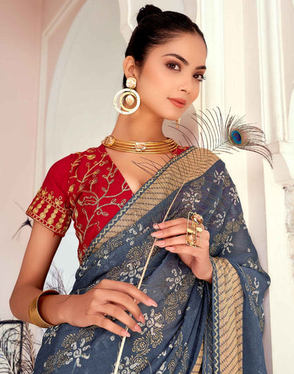 Dull Blue Printed Georgette Saree