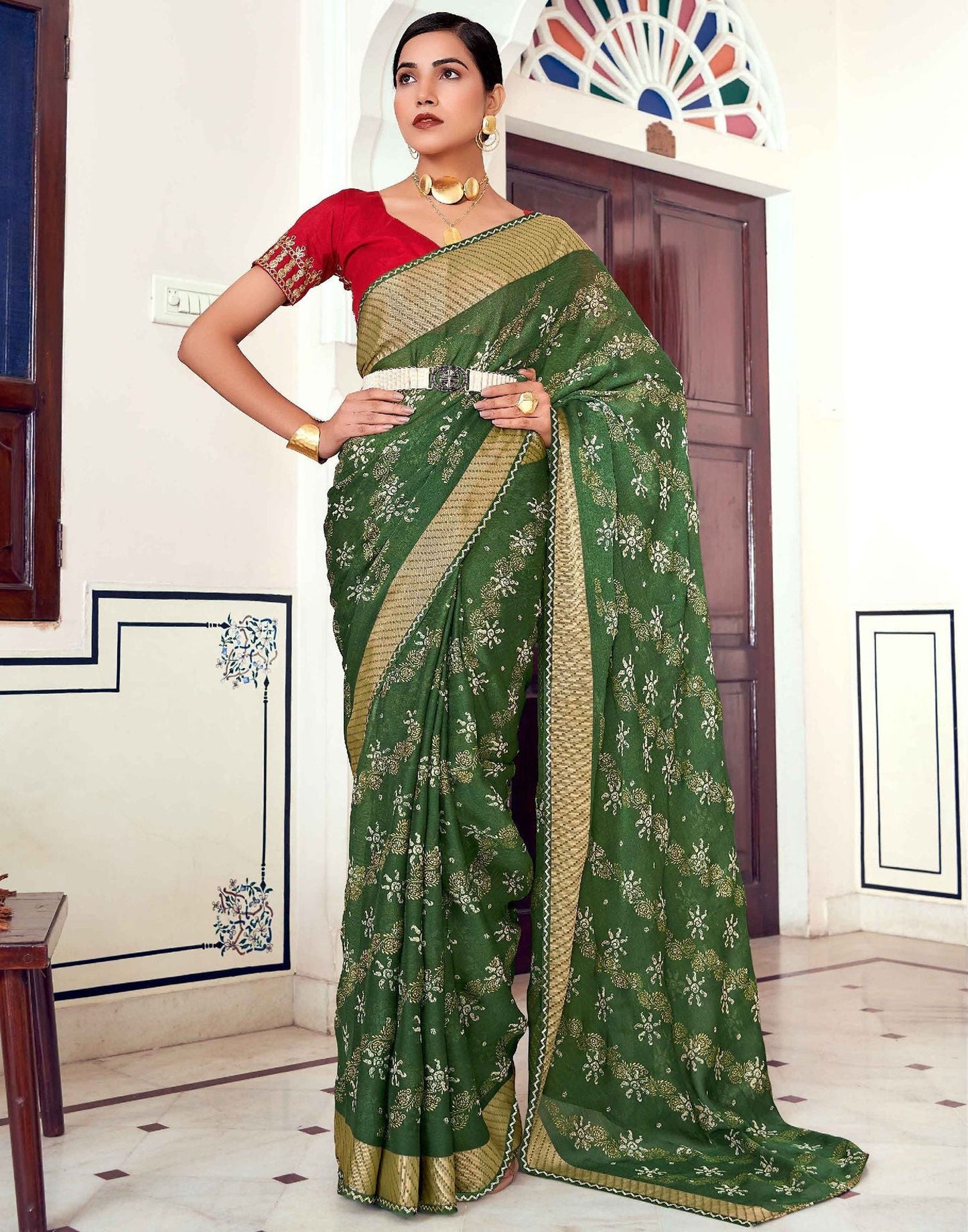 Green Printed Georgette Saree