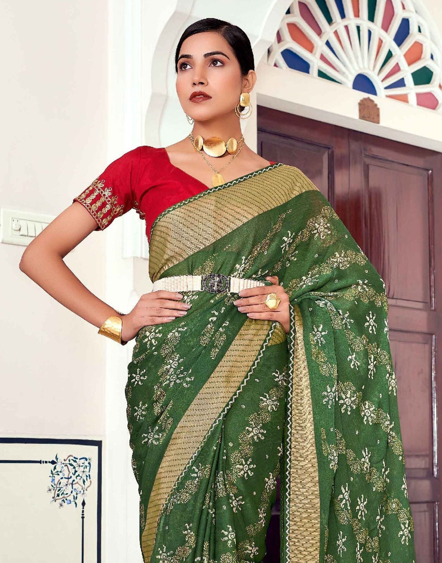 Green Printed Georgette Saree