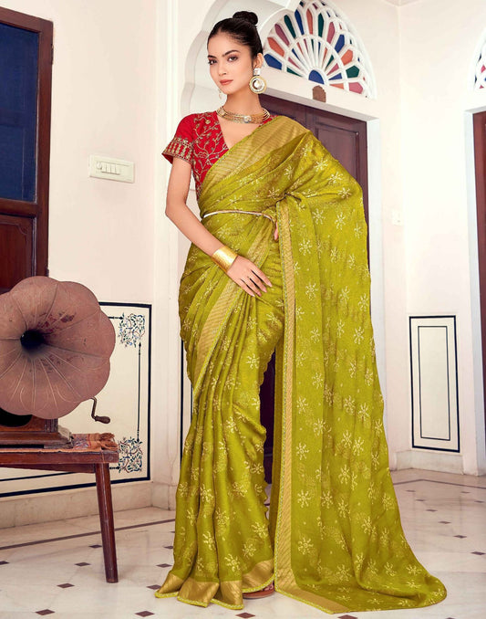 Pear Green Printed Georgette Saree