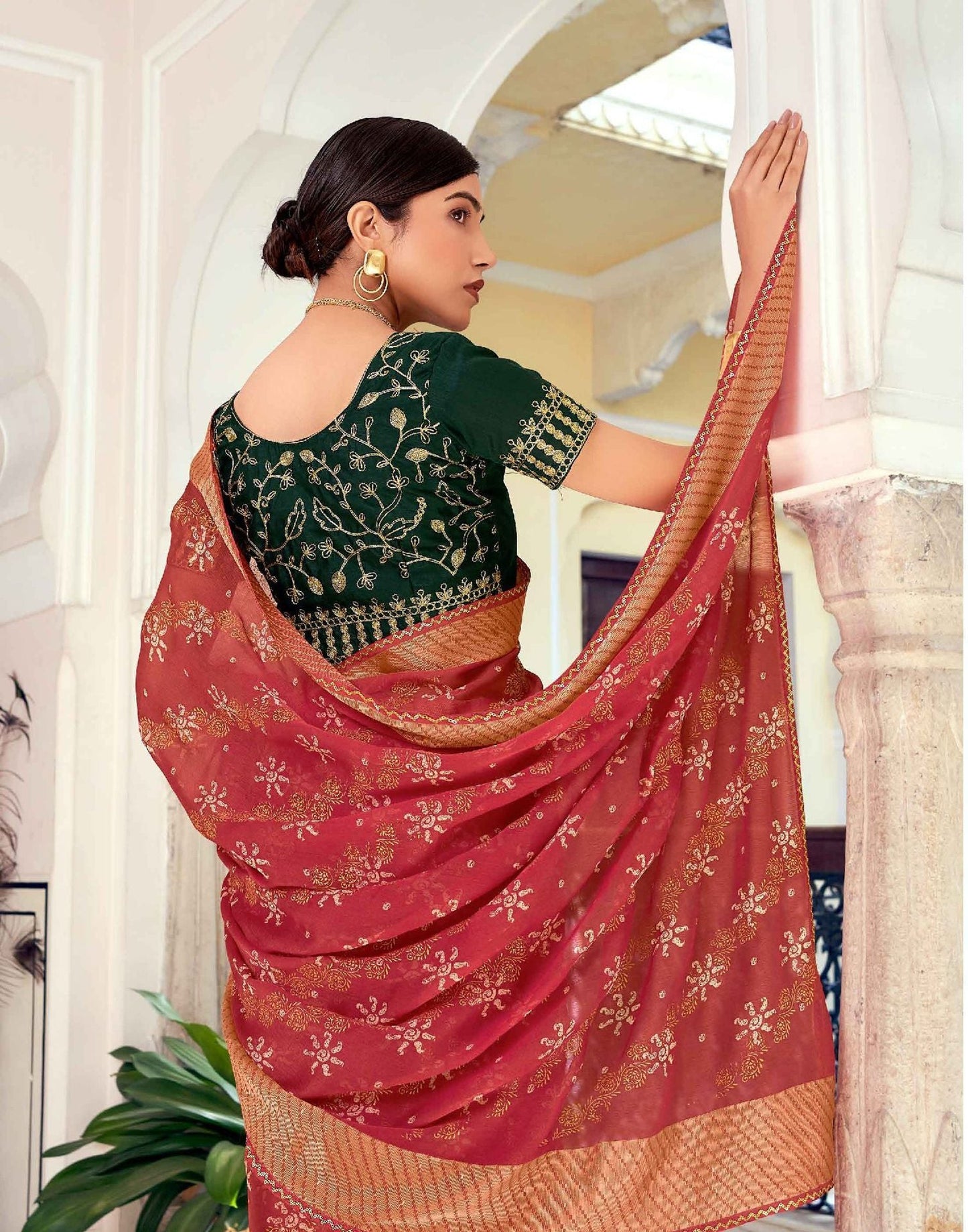 Red Printed Georgette Saree