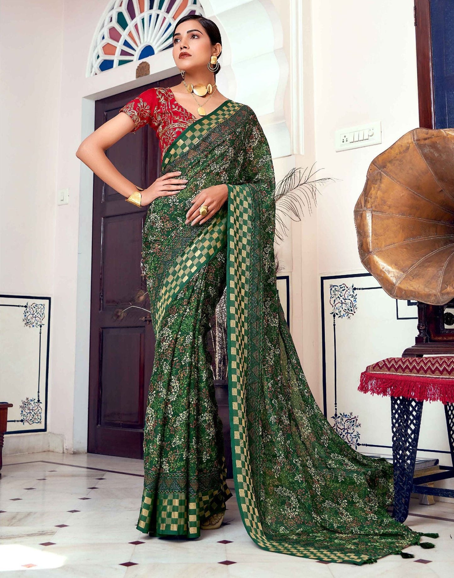 Dark Green Printed Georgette Saree