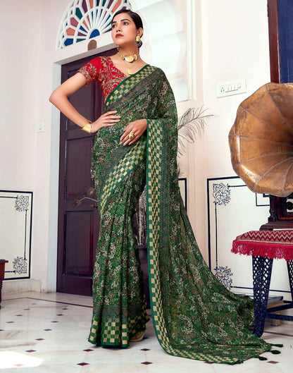 Dark Green Printed Georgette Saree