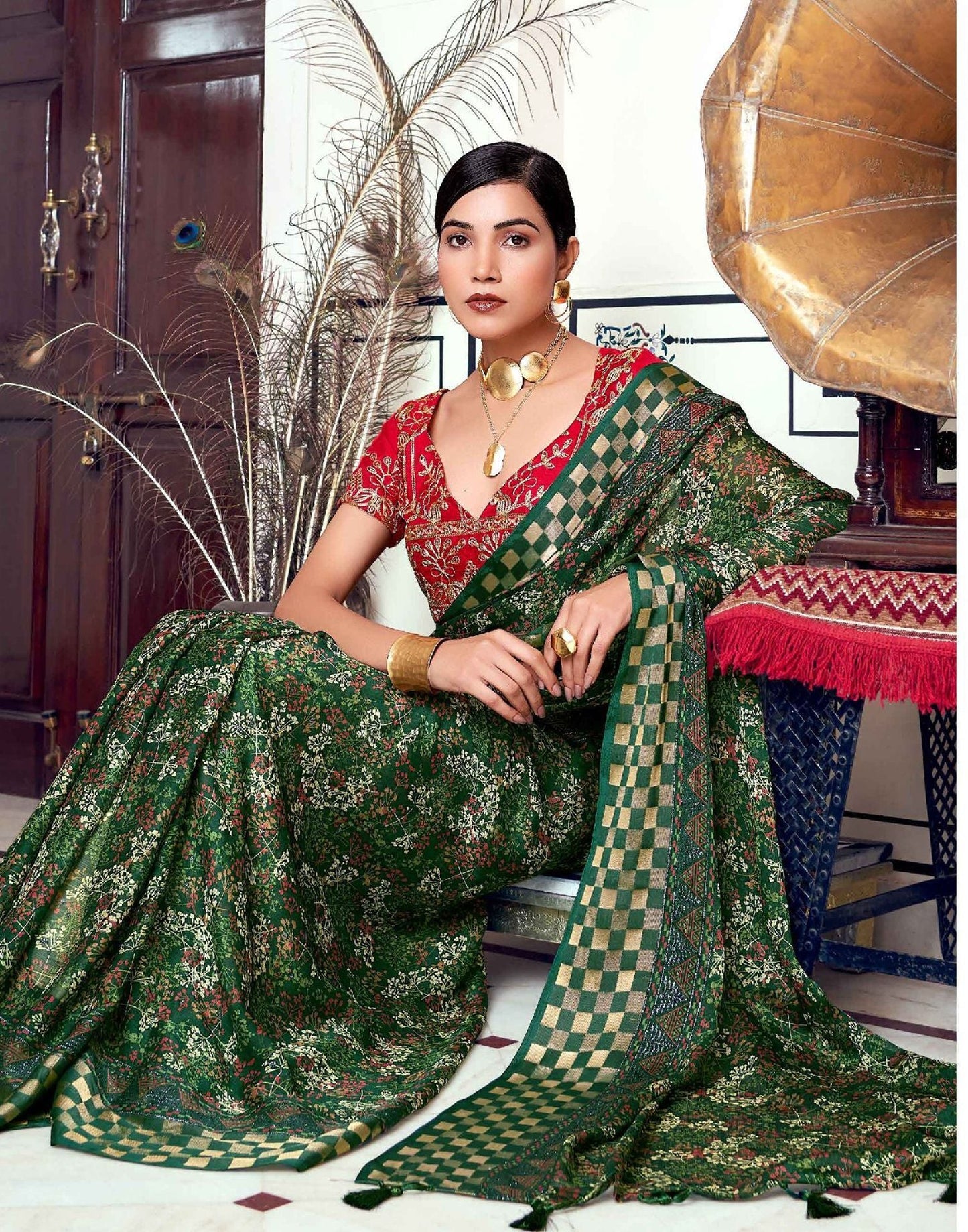 Dark Green Printed Georgette Saree