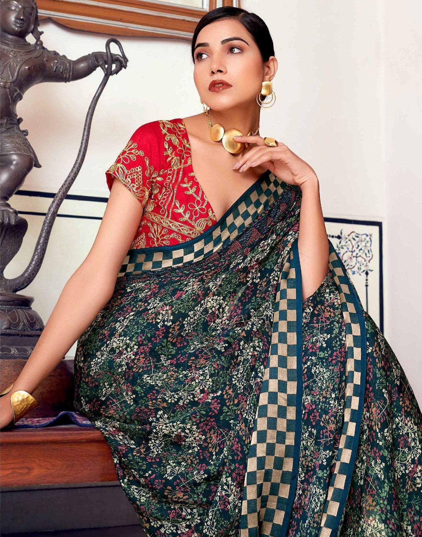 Dark Rama Blue Printed Georgette Saree