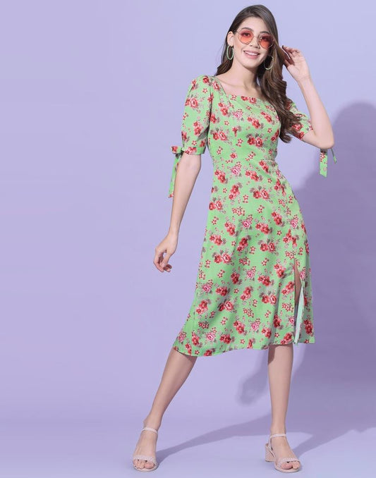 Green Floral Slit Dress | Leemboodi