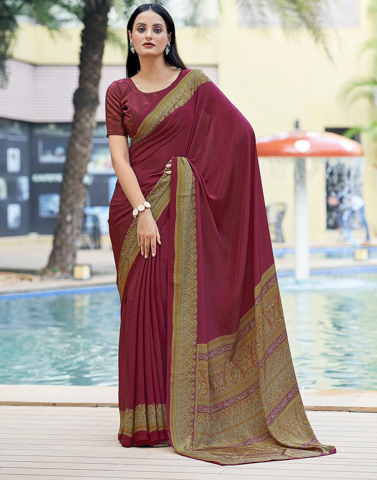 Maroon Printed Silk Saree