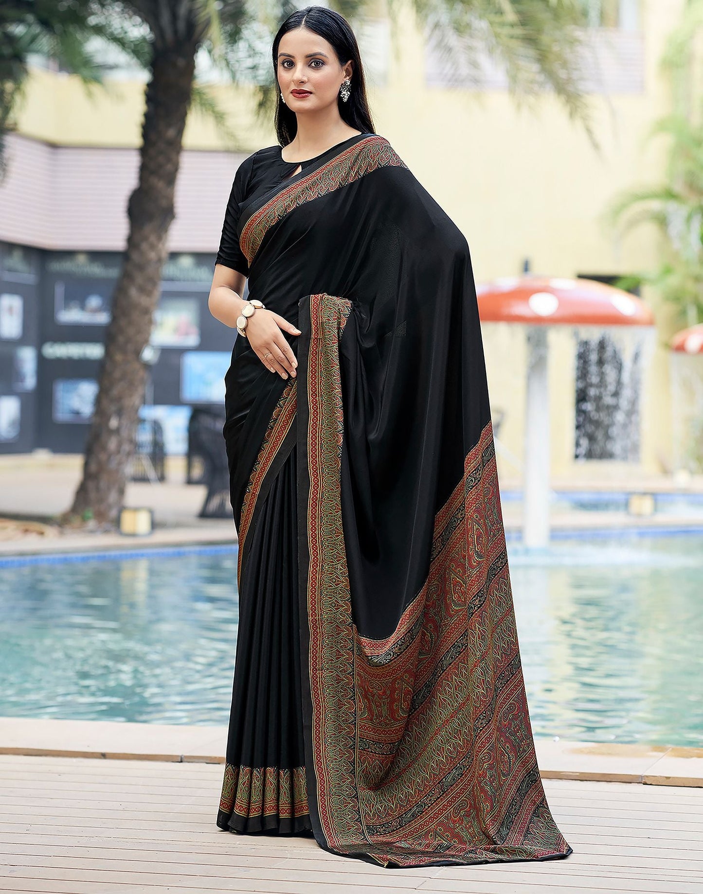 Rust Printed Silk Saree