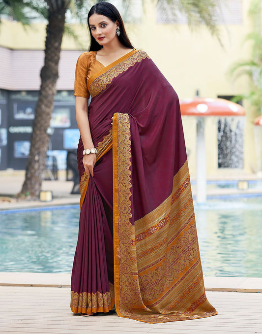 Wine Printed Silk Saree