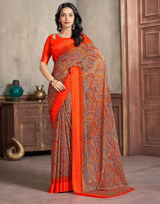 Orange Printed Chiffon Saree