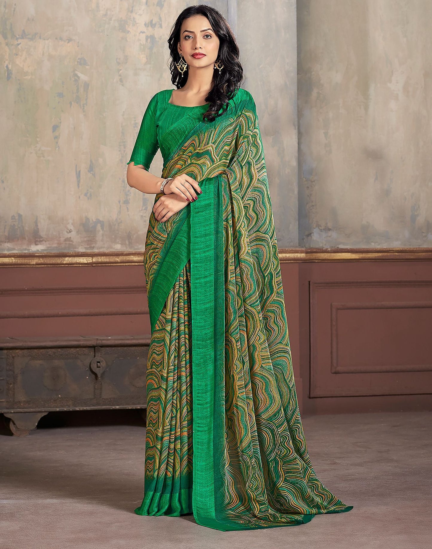 Green Printed Chiffon Saree