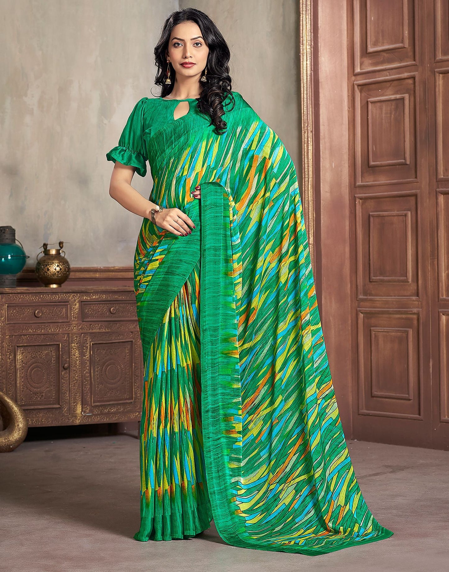 Green Printed Chiffon Saree