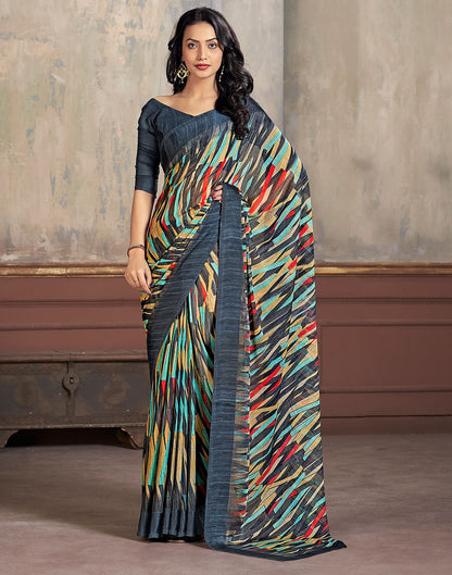 Deep Grey & Multicoloured Printed Chiffon Saree