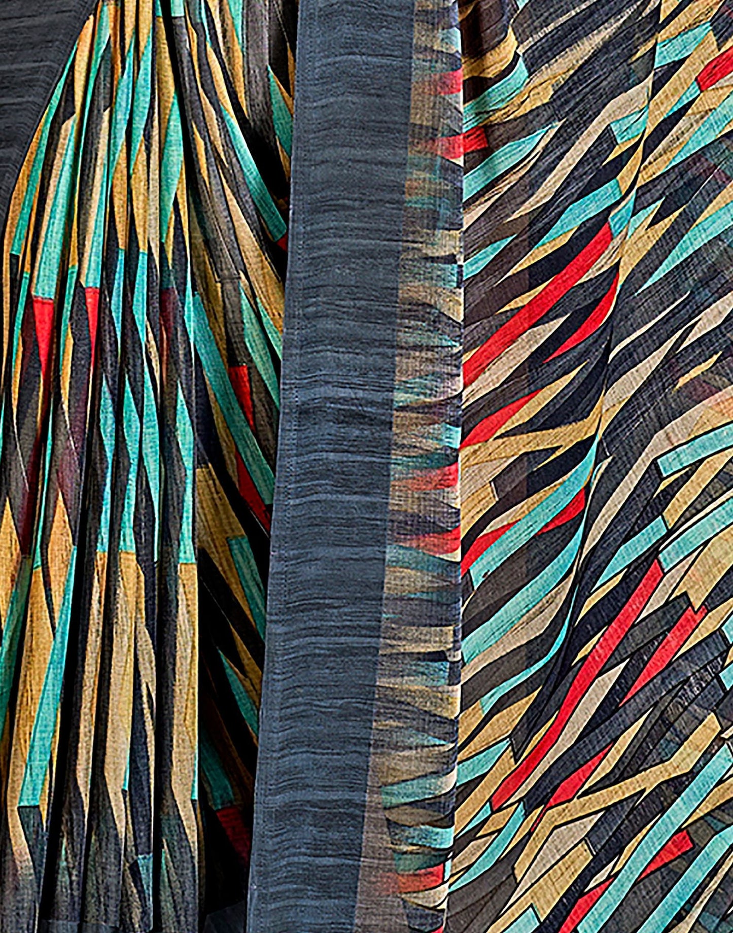 Deep Grey & Multicoloured Printed Chiffon Saree