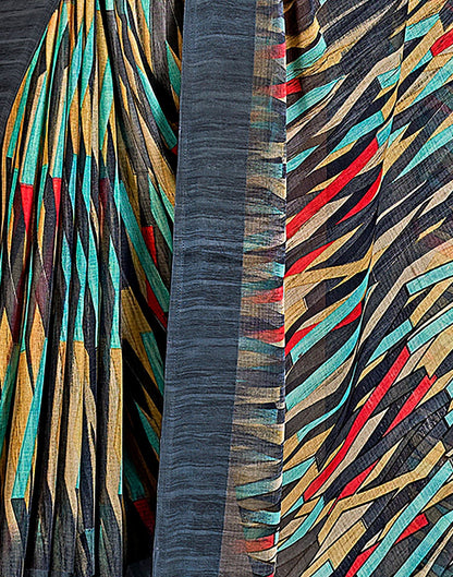 Deep Grey & Multicoloured Printed Chiffon Saree