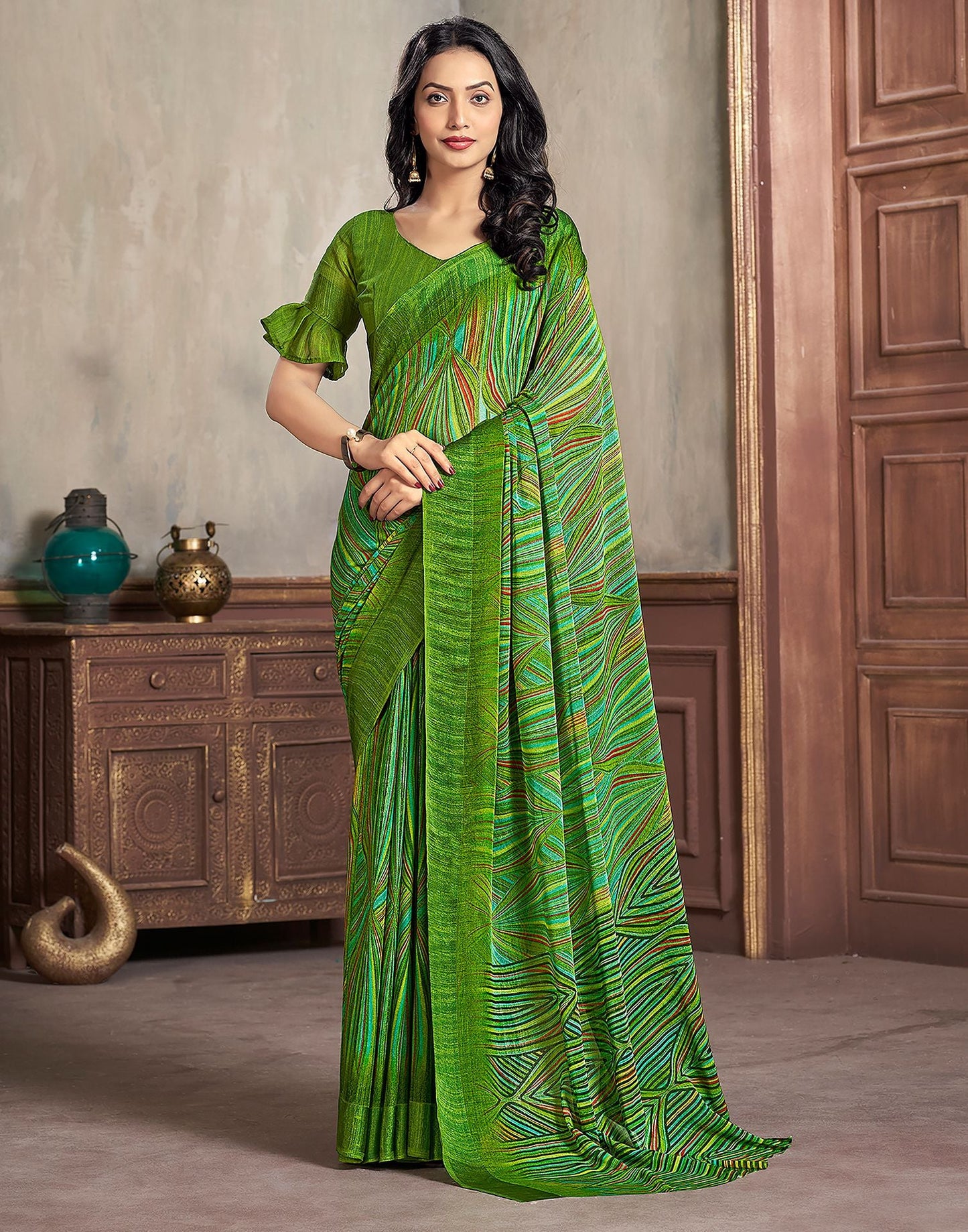 Mehndi Green Printed Chiffon Saree