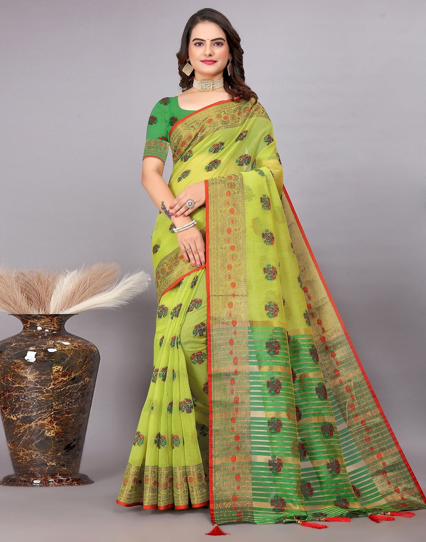 Dark Green Plain Cotton Saree